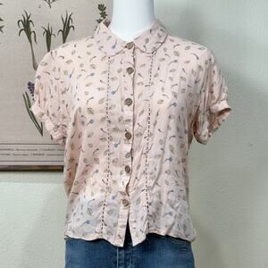 Pink Floral Collared Button Up Top JFashion Cottage Lolita Shoujo Girl Kawaii S